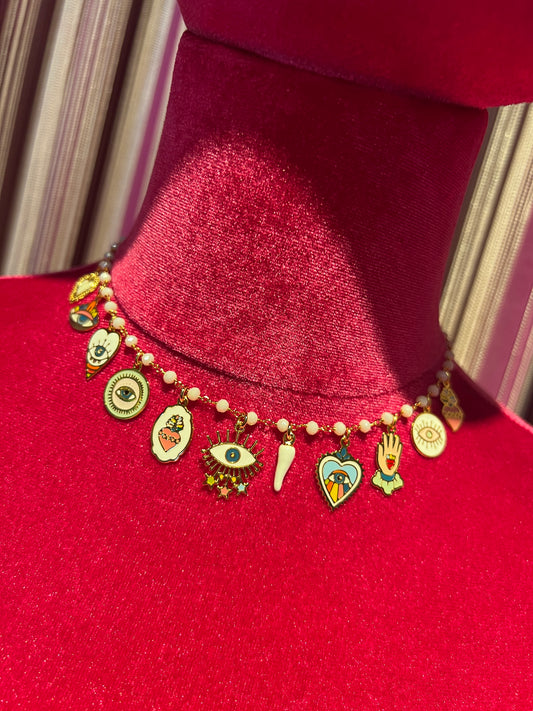 Principessa Glam collana girocollo perline , corno bianco