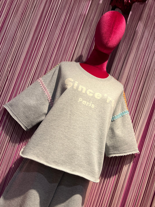 Sincere Paris completo tuta felpa garzata grigia profili colorati e pantalone garzato baloon