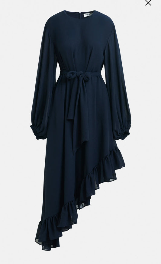 Essentiel antwerp abito lungo blu navy con orlo asimmetrico a balze e cinta Iflower vestibilita’ over