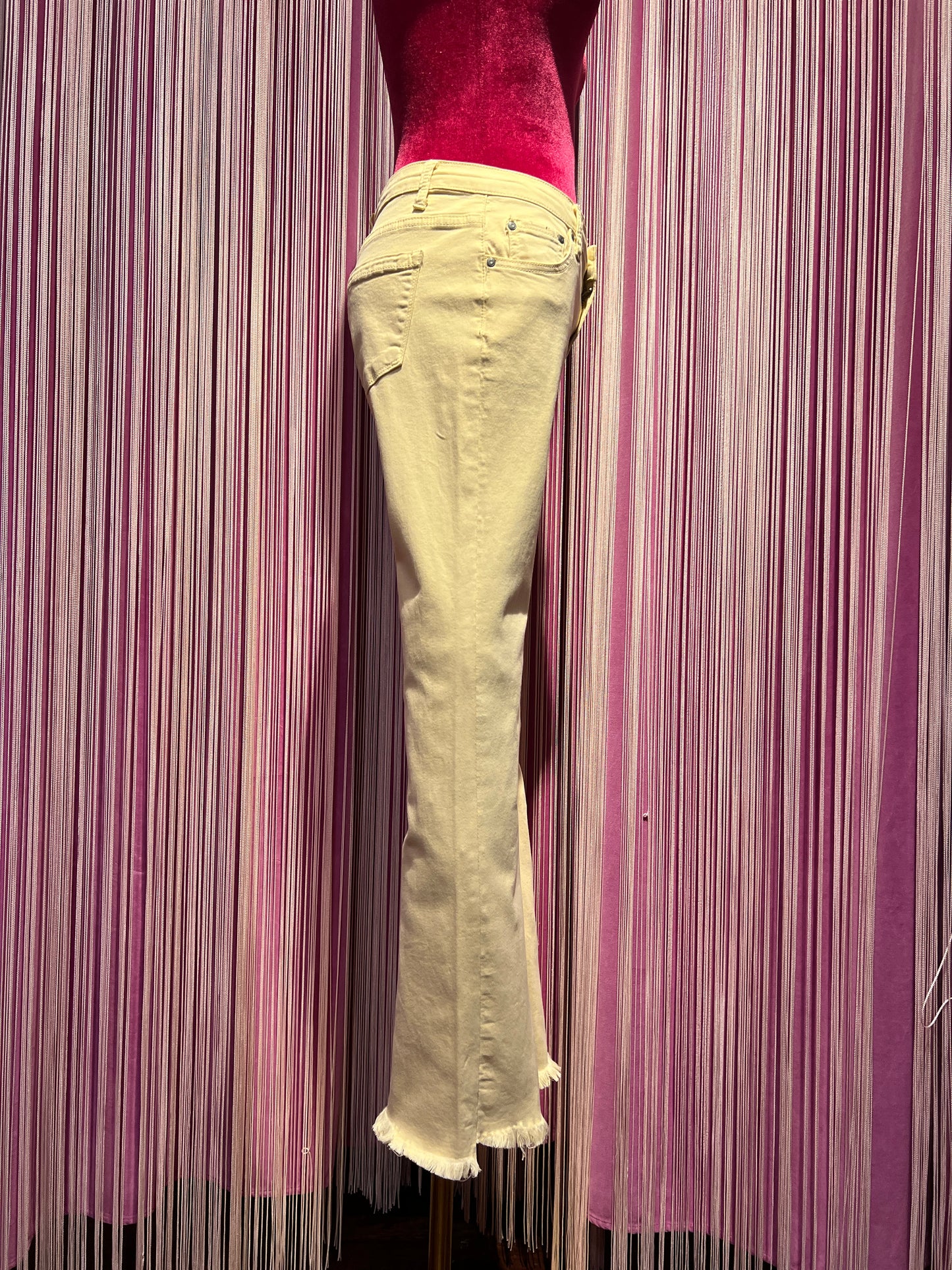 Mon amour Paris pantalone 5 tasche cotone elasticizzato sfrangiato a zampetta banana