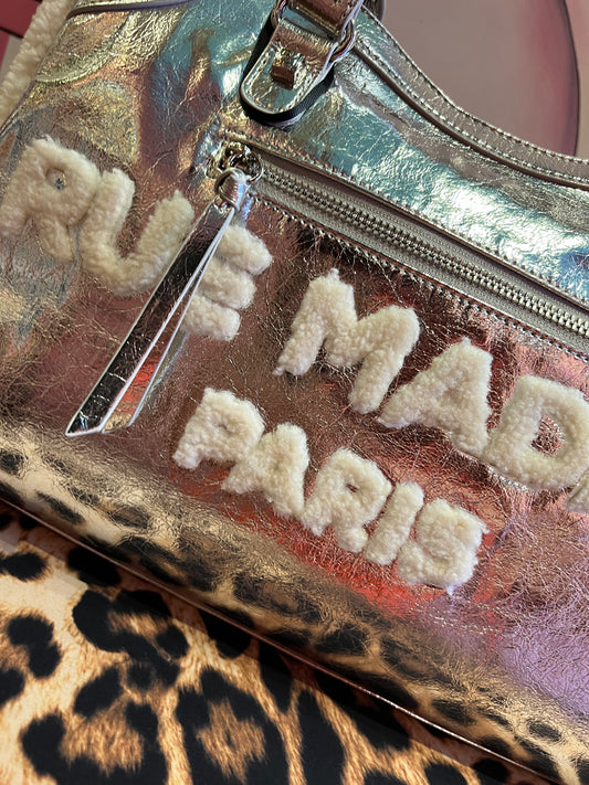 Rue Madam Paris borsa due manici argento ecopelliccia bianca con tracolla Shine tote