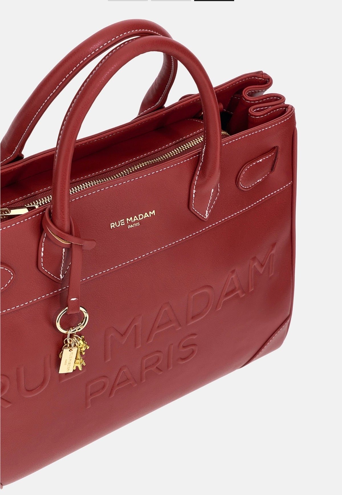 Rue Madam Paris borsa due manici in morbida pelle vegana   rosso barolo con logo in rilievo ,tracolla