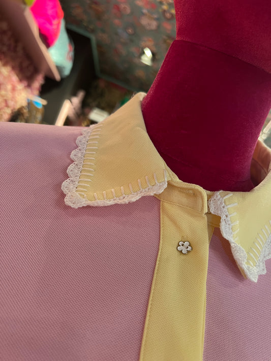 Sincere Paris polo nido d’ape rosa colletto giallo bordo bianco