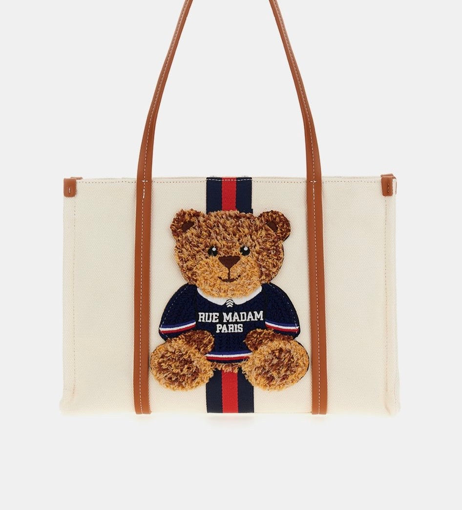 Rue Madam jellystone borsa shopping canvas bianca con teddy