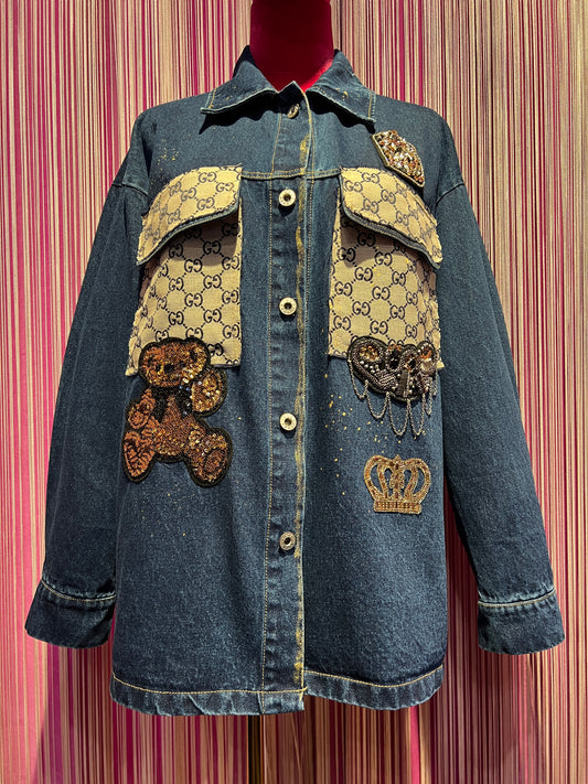 ABpink🩷 giacca camicia jeans con stoffa vintage patch orsetto paillettes oro