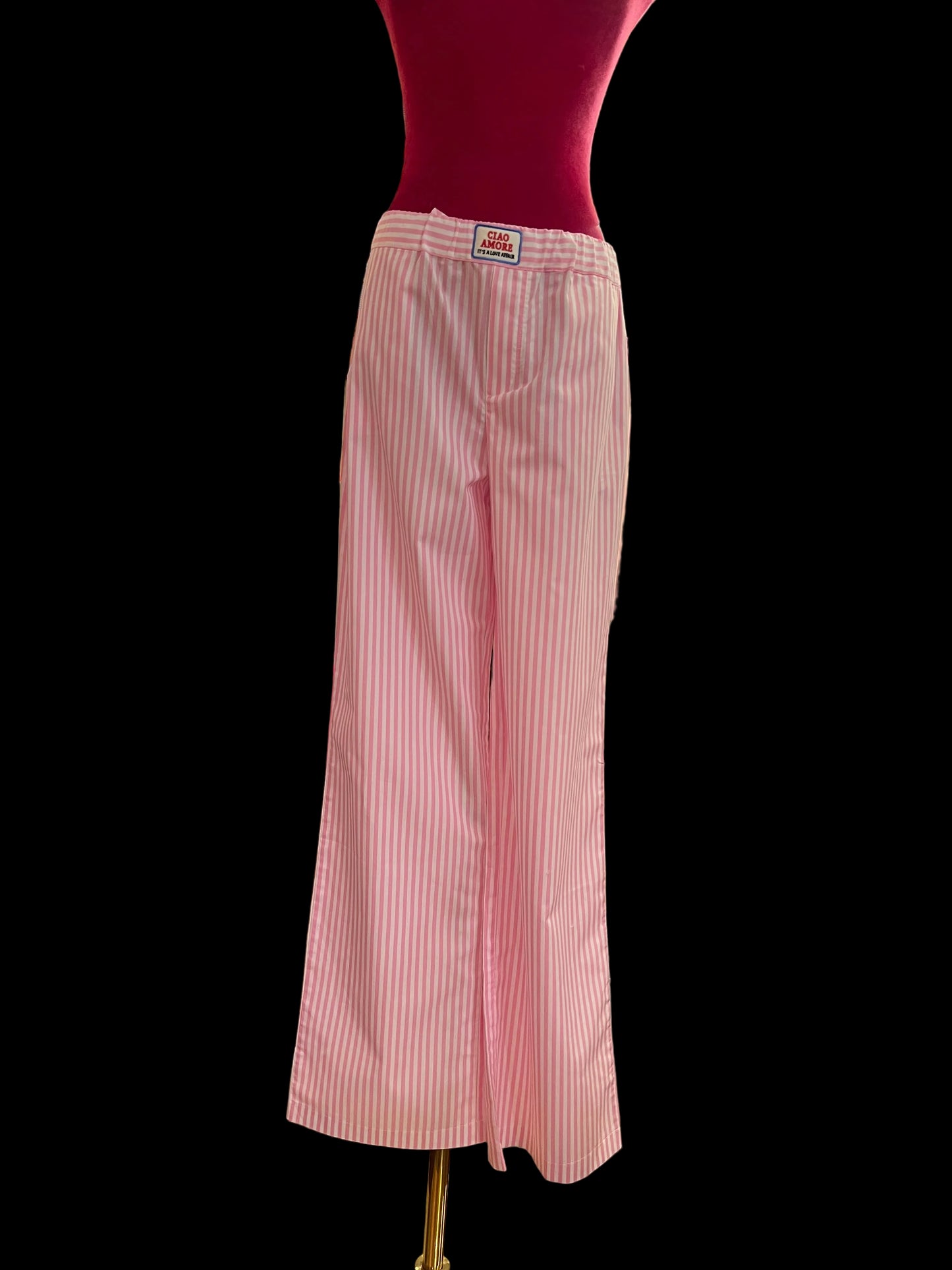 Giada Benincasa pantalone righe rosa e bianco con elastico e laccetto di cotone