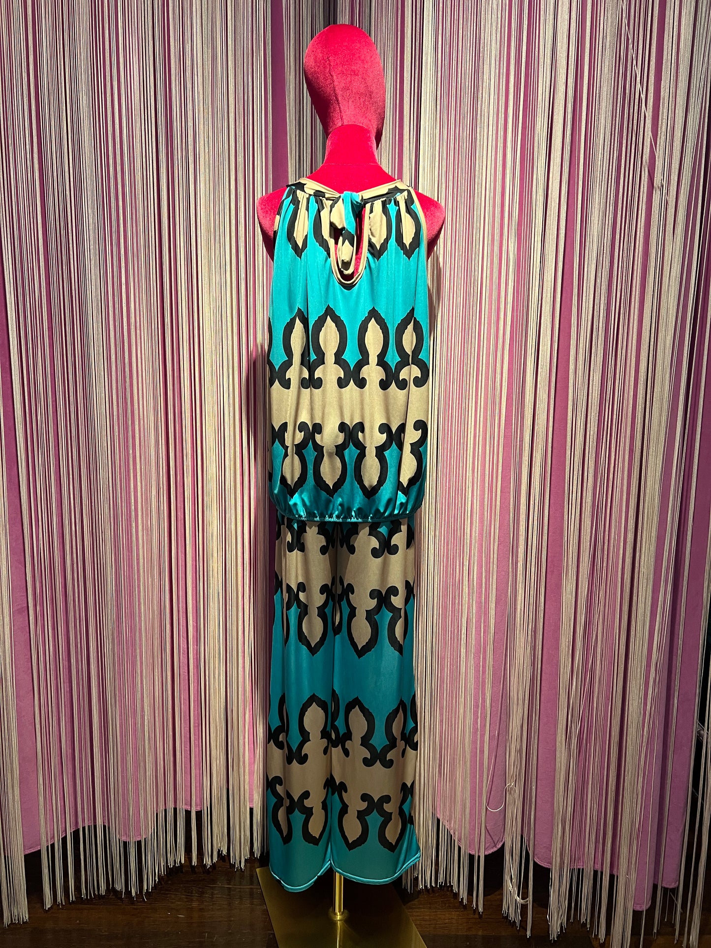 Mon amour Paris completo top e pantalone in viscosa fantasia turchese beige e nero