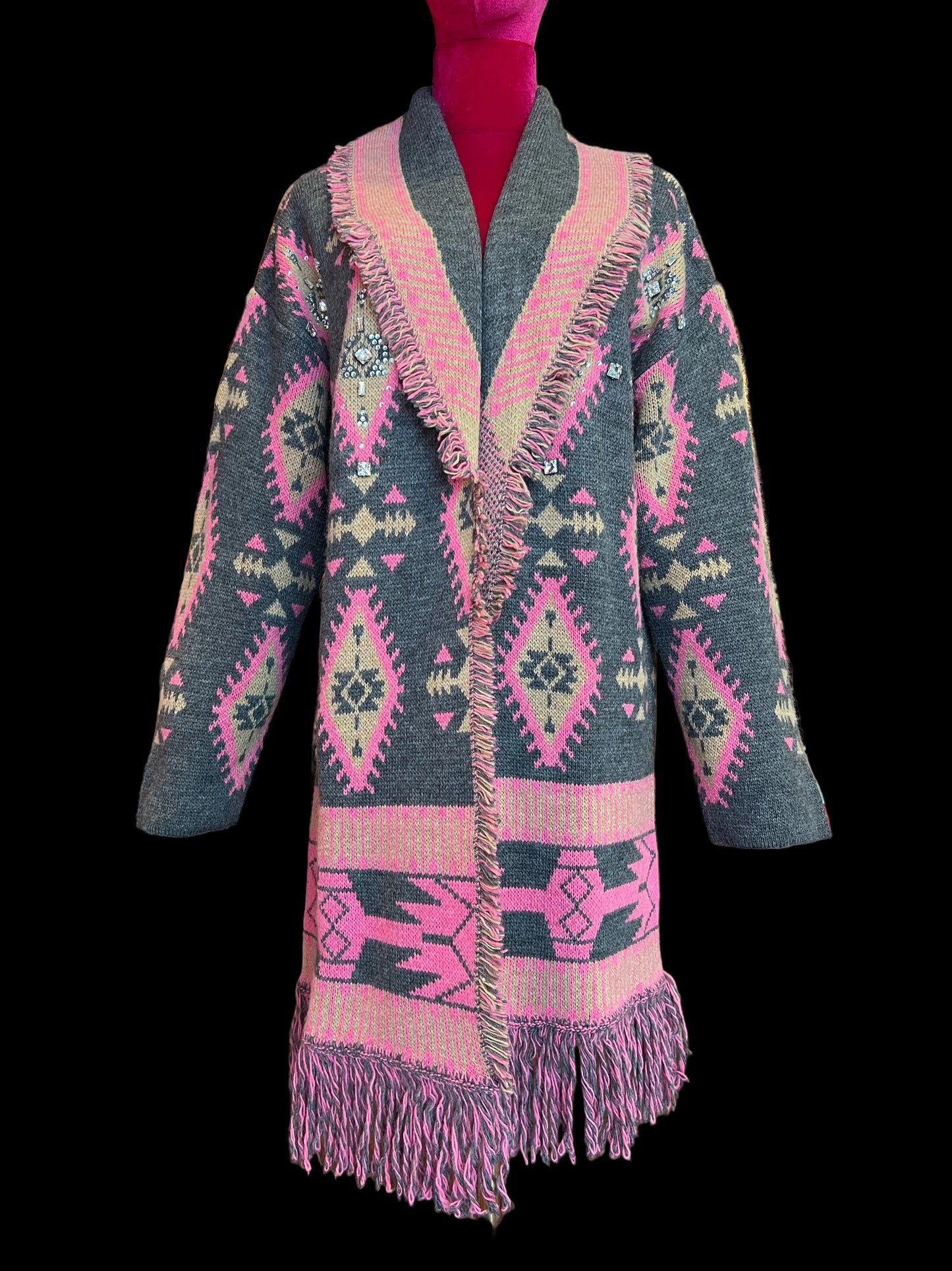 Colour market cardigan jacquard con cinta fucsia strass e frange grigio e fucsia