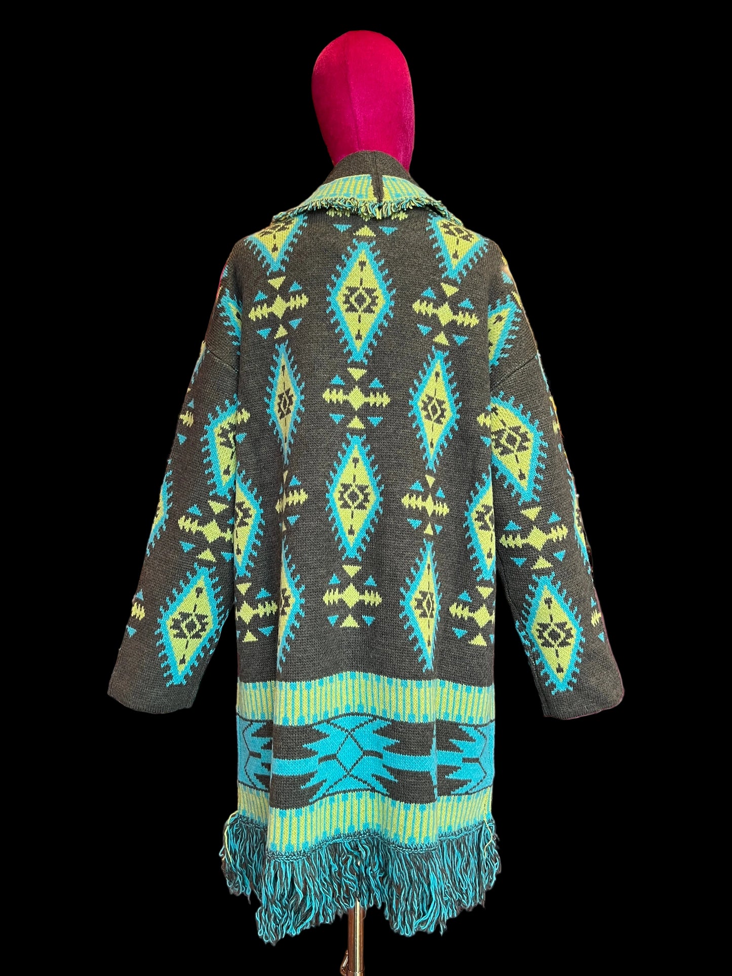 Colour market cardigan jacquard con cinta turchese, strass e frange verde militare e turchese
