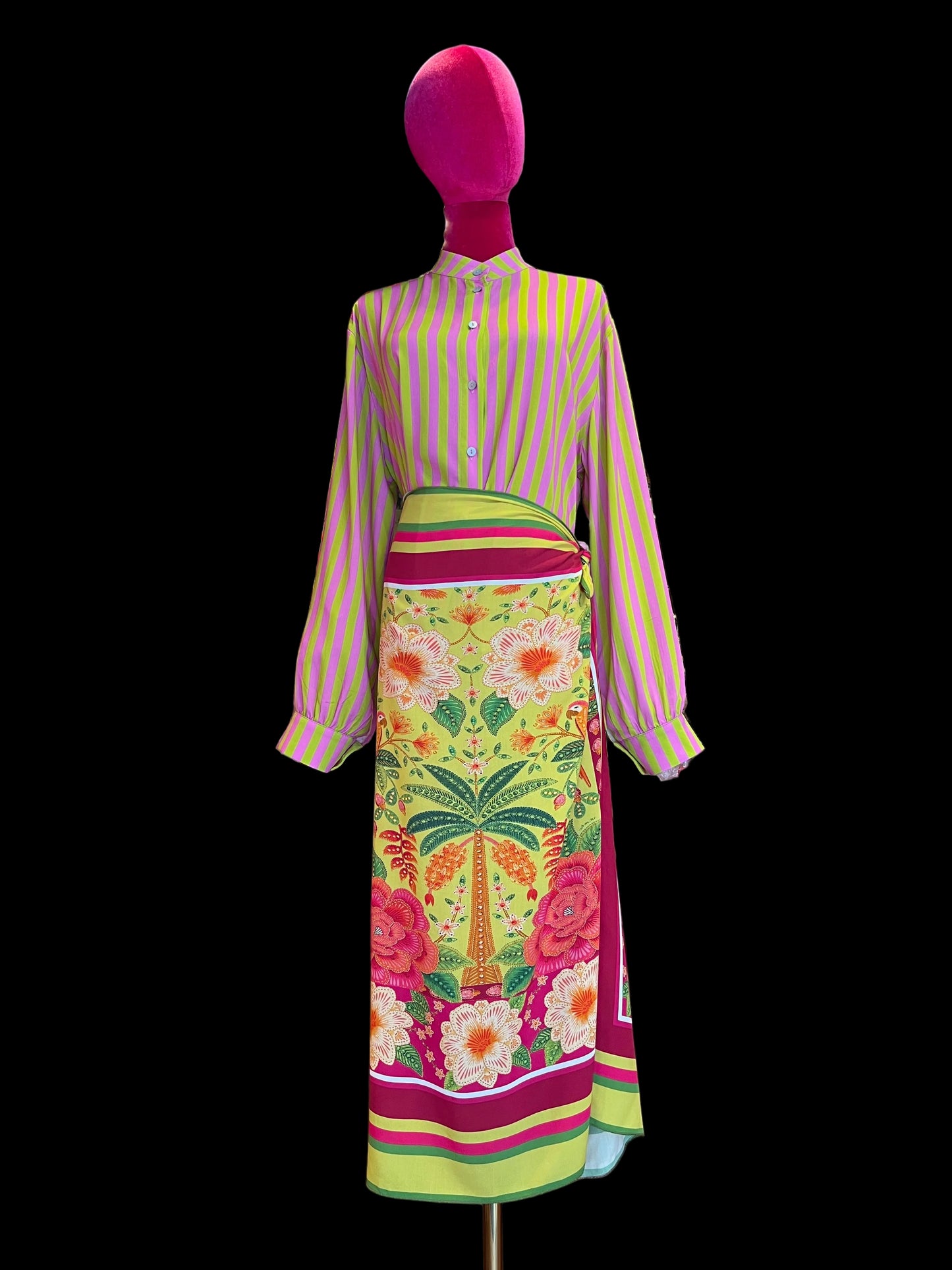 Mon amour Paris completo 100% viscosa camicia a righe e gonna fantasia con allacciatura laterale nodo