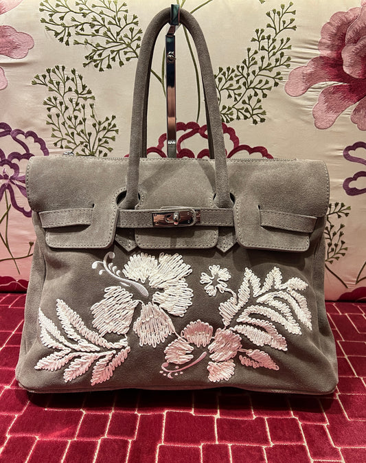 Mia bag borsa due manici con tracolla in camoscio ricamo fiori