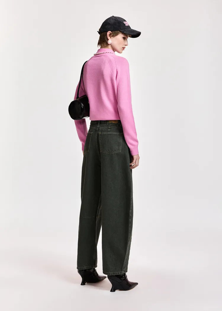 Essentiel antwerp maglia mista lana e cachemire rosa bubble con colletto decorato con perline