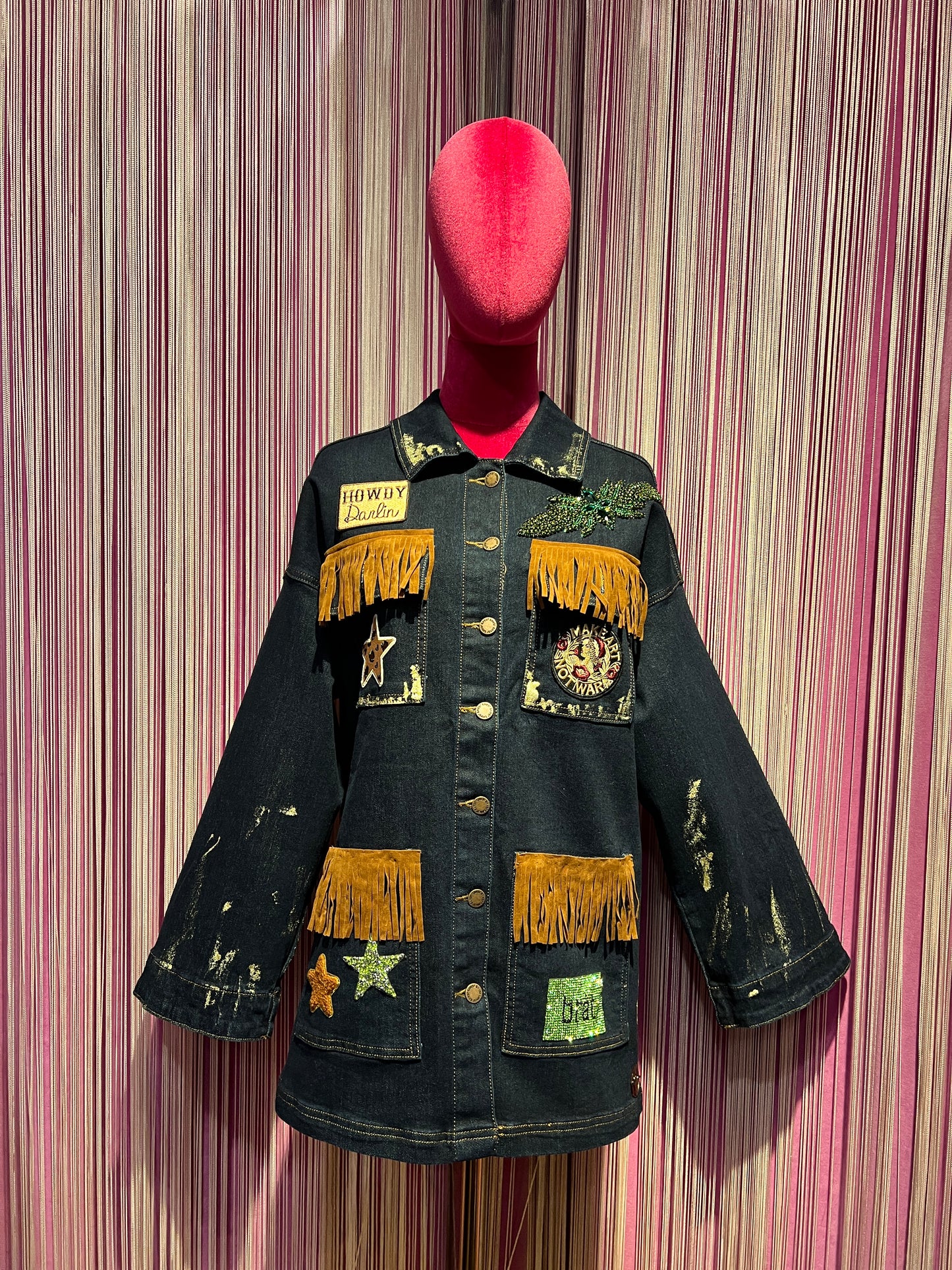 ABpink 🩷 giacca denim con cintura applicazioni patch stelle  tasche con frange