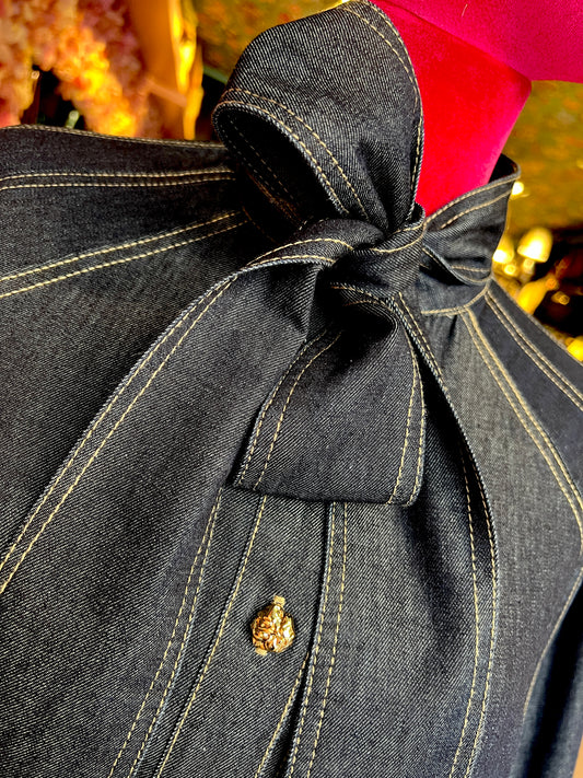 Mon amour Paris camicia denim oversize taglia unica con fiocco e maniche ampie