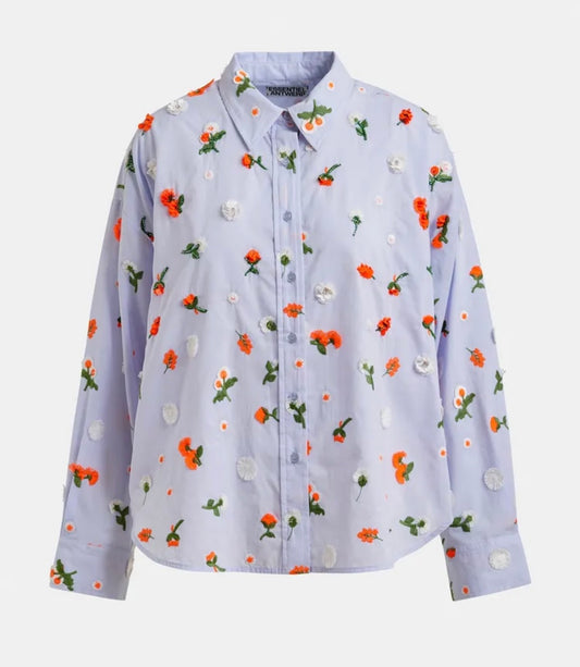 Essentiel antwerp camicia celeste con decorazione floreale in paillettes strass e perline arancioni e verdi