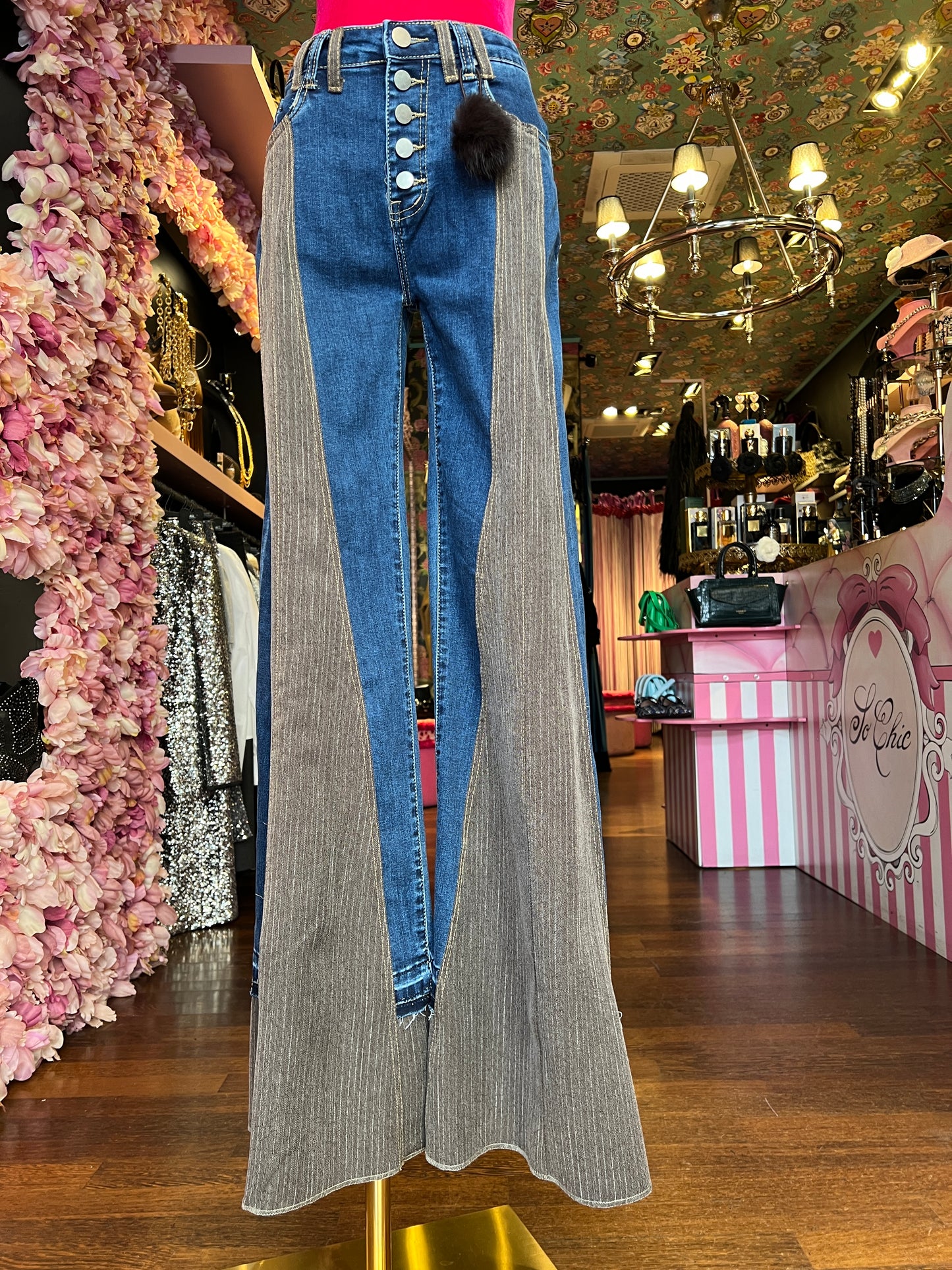 Love & roses jeans denim con spicchi gessati