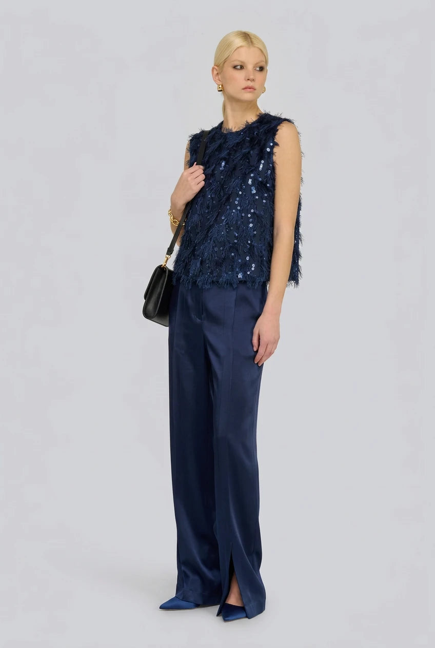 Semicouture pantalone blu in satin spacco sul fondo , gamba dritta