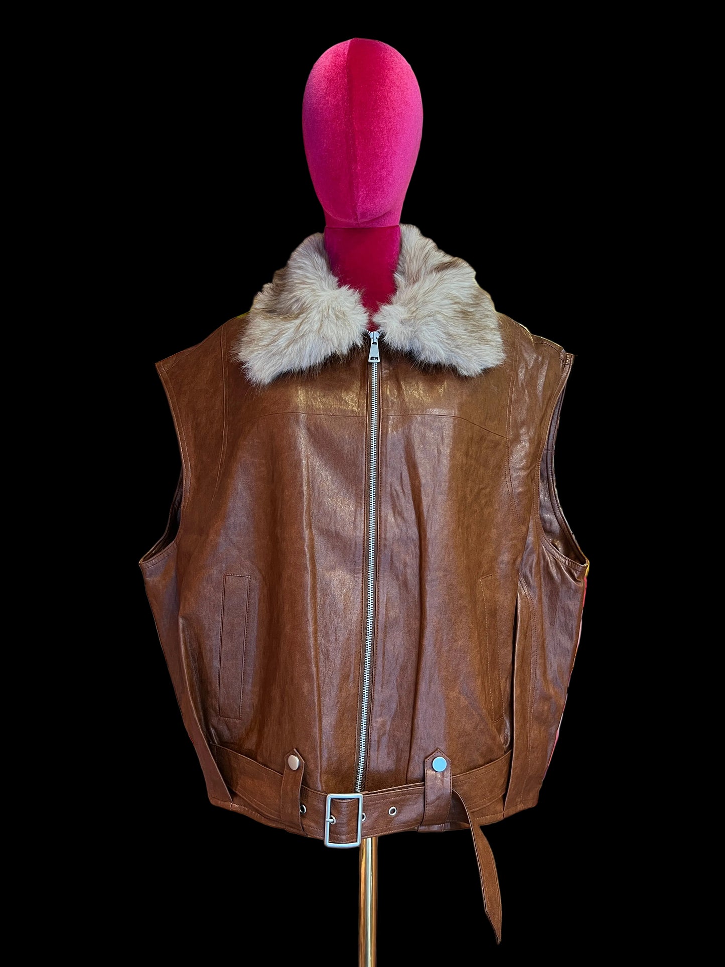 Mon amour Paris gilet ecopelle color cuoio con collo ecopelliccia rimovibile
