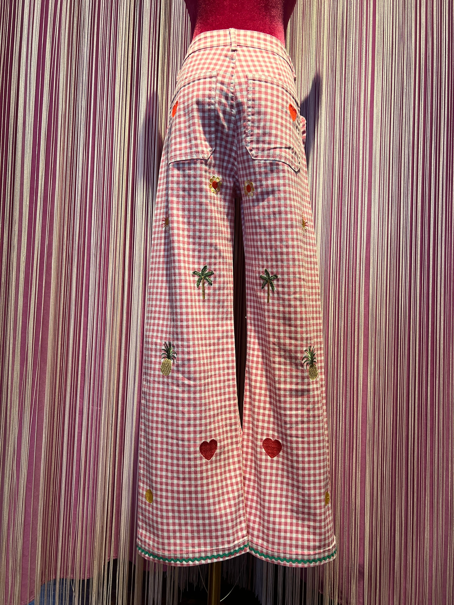 Love & roses pantalone a quadretti rosa e bianco tasche a cuore