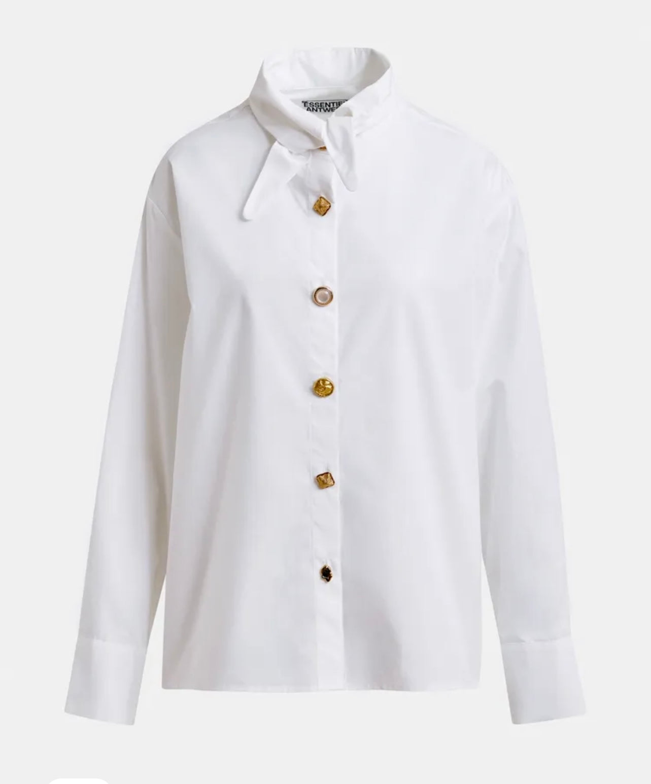 Essentiel antwerp -40% di sconto camicia cotone oversize con colletto allungato può essere annodato, bottoni oro