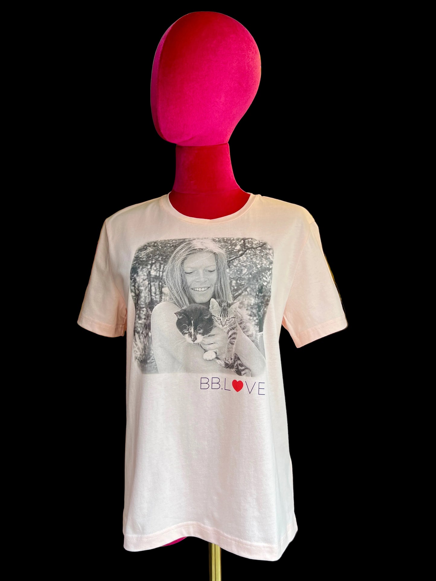 Brigitte Bardot t shirt rosa con stampa foto B B con gattini BB love