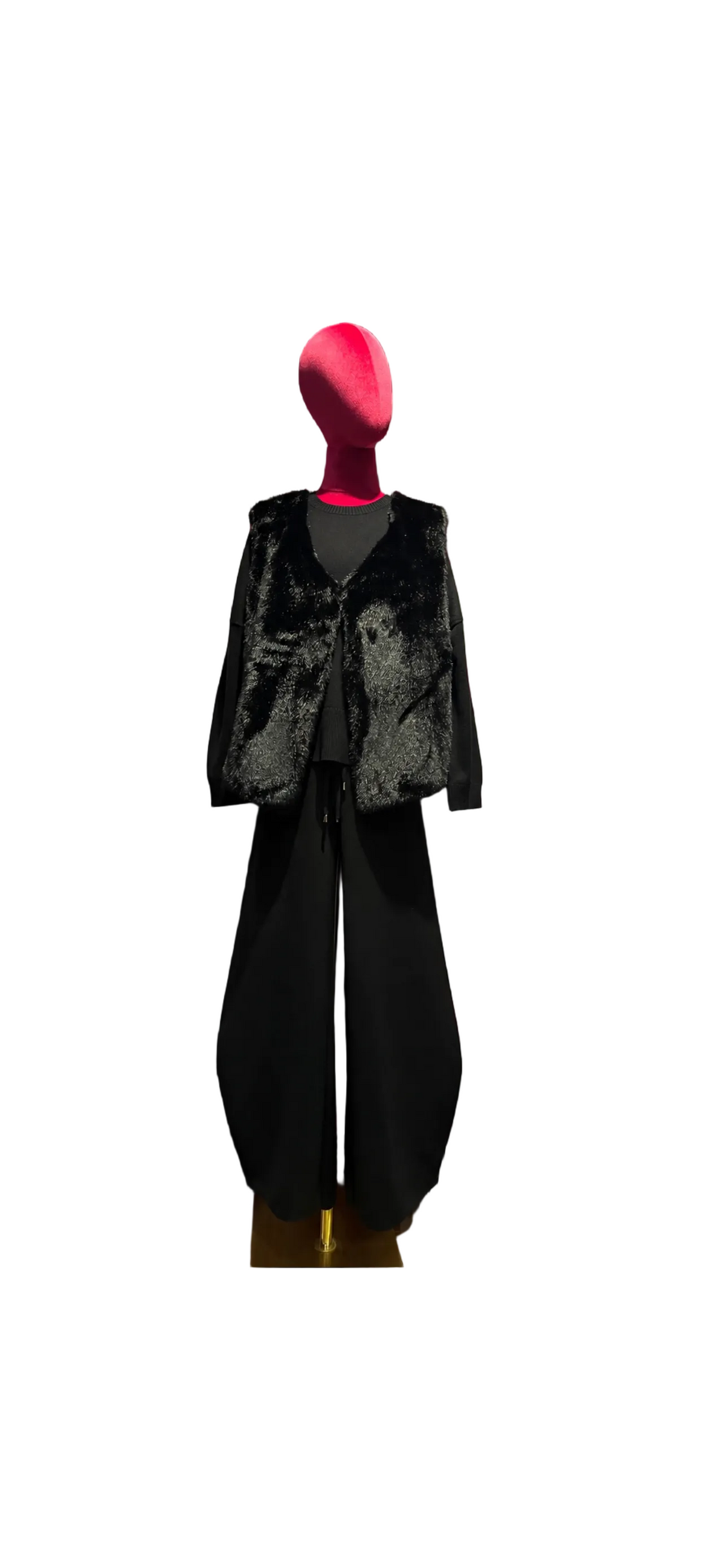 The room completo tre pezzi nero gilet simil pelliccia maglia e pantalone in maglia
