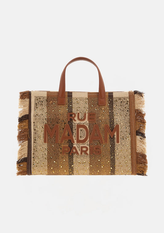 Rue Madam Paris borsa Casablanca tote in canvas con frange e strass e tracolla