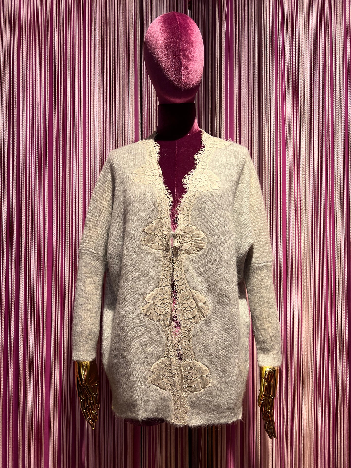 Pink memories cardigan kimono grigio con pizzo