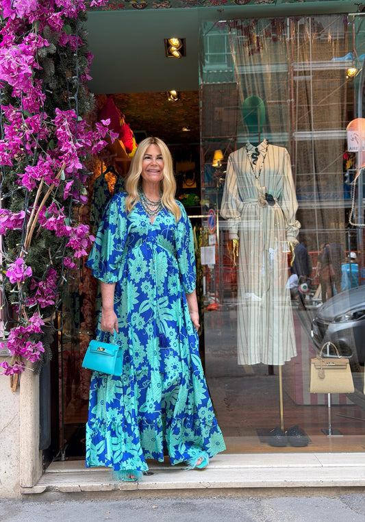 Mon amour Paris abito lungo con balze in seta scollato fantasia floreale azzurra e turchese