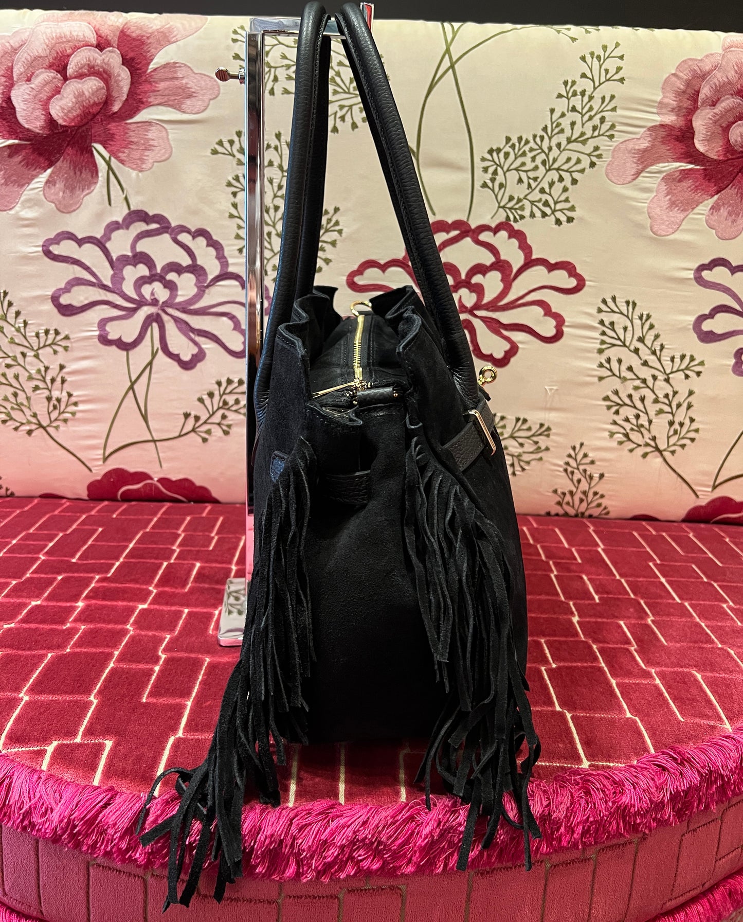 Love & roses borsa due manici nera con frange e tracolla