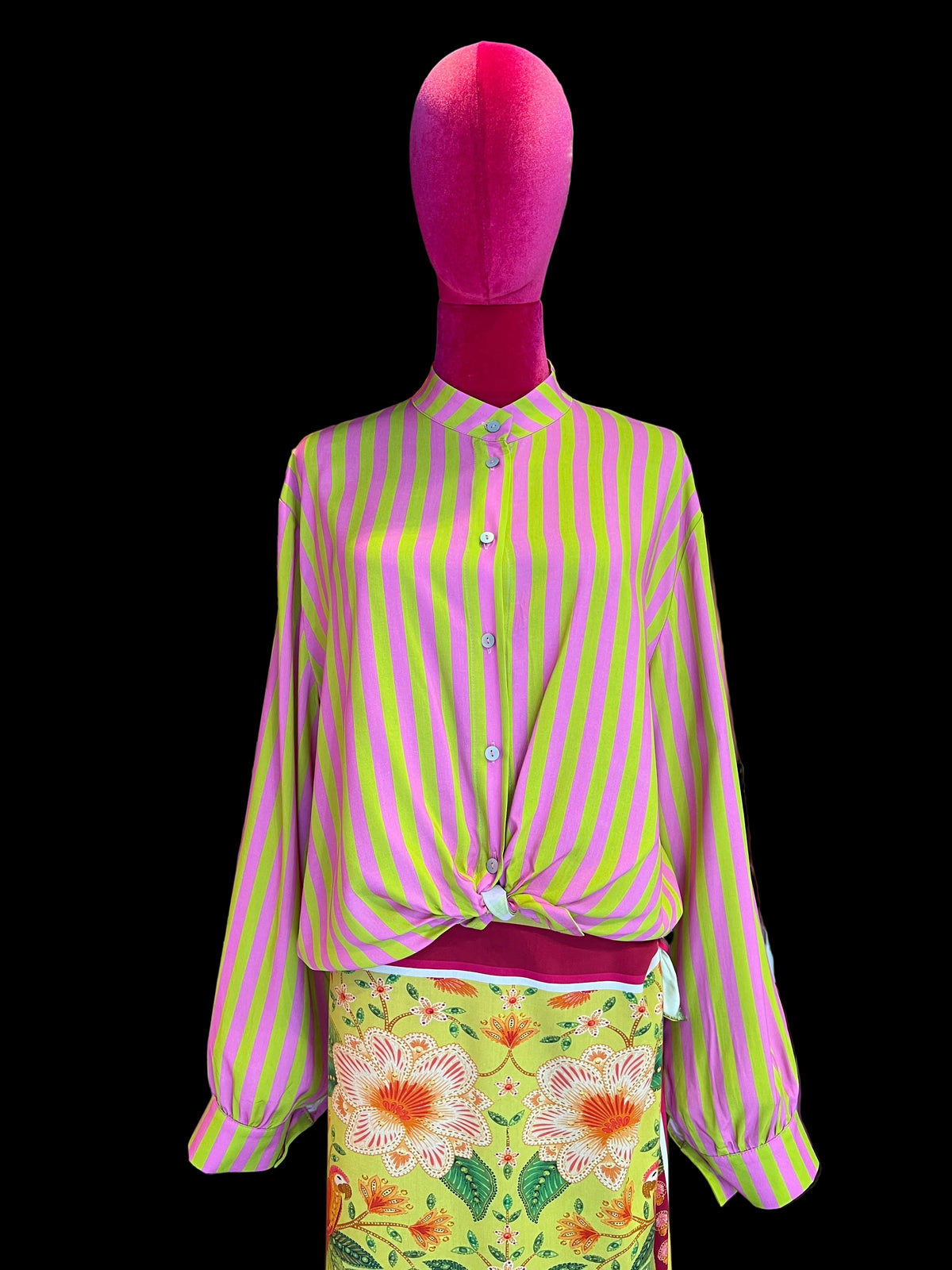 Mon amour Paris completo 100% viscosa camicia a righe e gonna fantasia con allacciatura laterale nodo