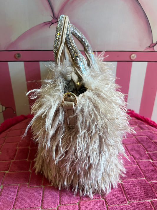 Borsa ecopelliccia beige piccola due manici Swarovski pochette e tracollina
