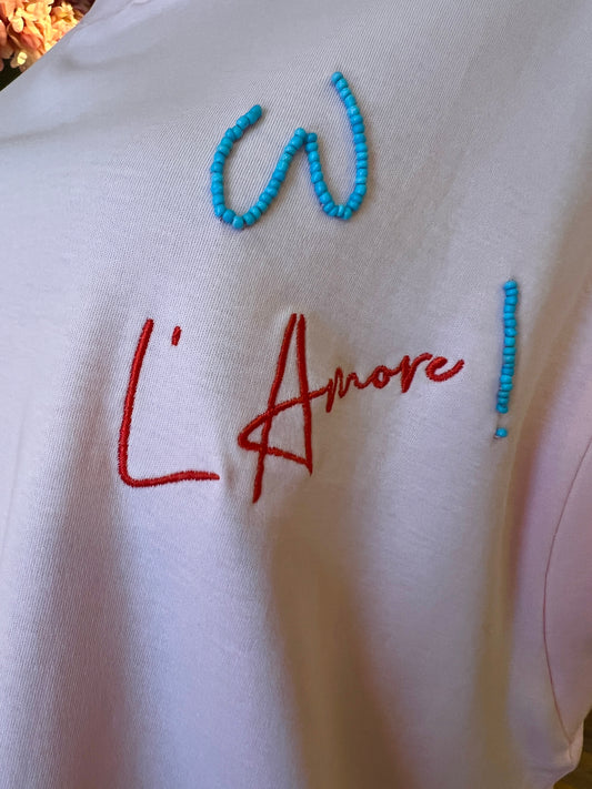 Sincere Paris t shirt senza maniche rosa con scritta “ w l amore !”
