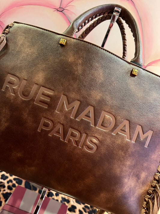 Rue Madam Paris borsa due manici vintage marrone con frange e tracolla Texas tote