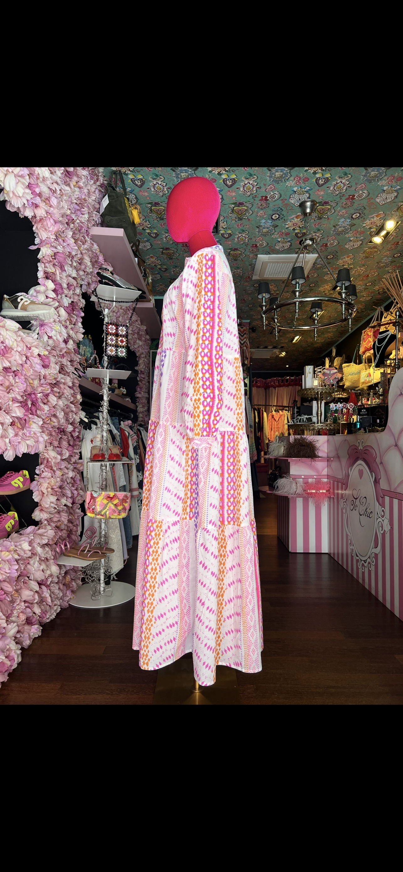 Mon amour Paris meno 20% di sconto abito lungo a balze fantasia fondo bianco