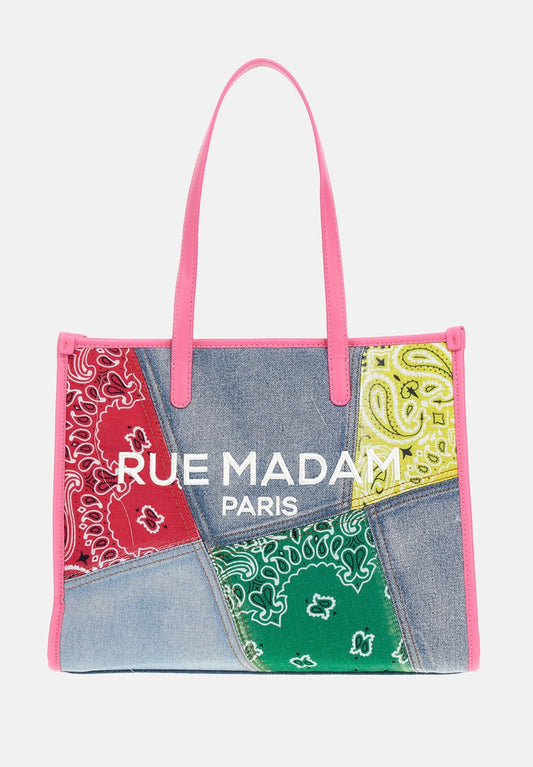 Rue Madam Paris borsa shopping in denim con patch stampa bandana manico fucsia Paisley shopping