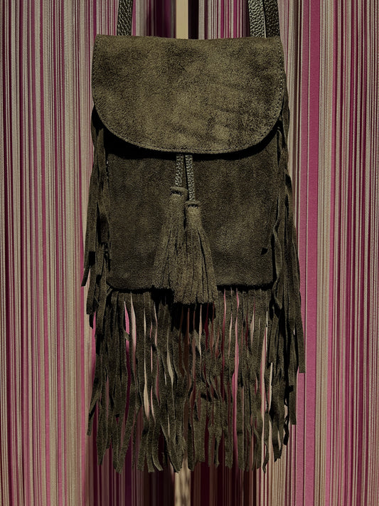 Love & roses tracollina TEXAS in suede con frange , nappina e mini pochette, colore marrone scuro