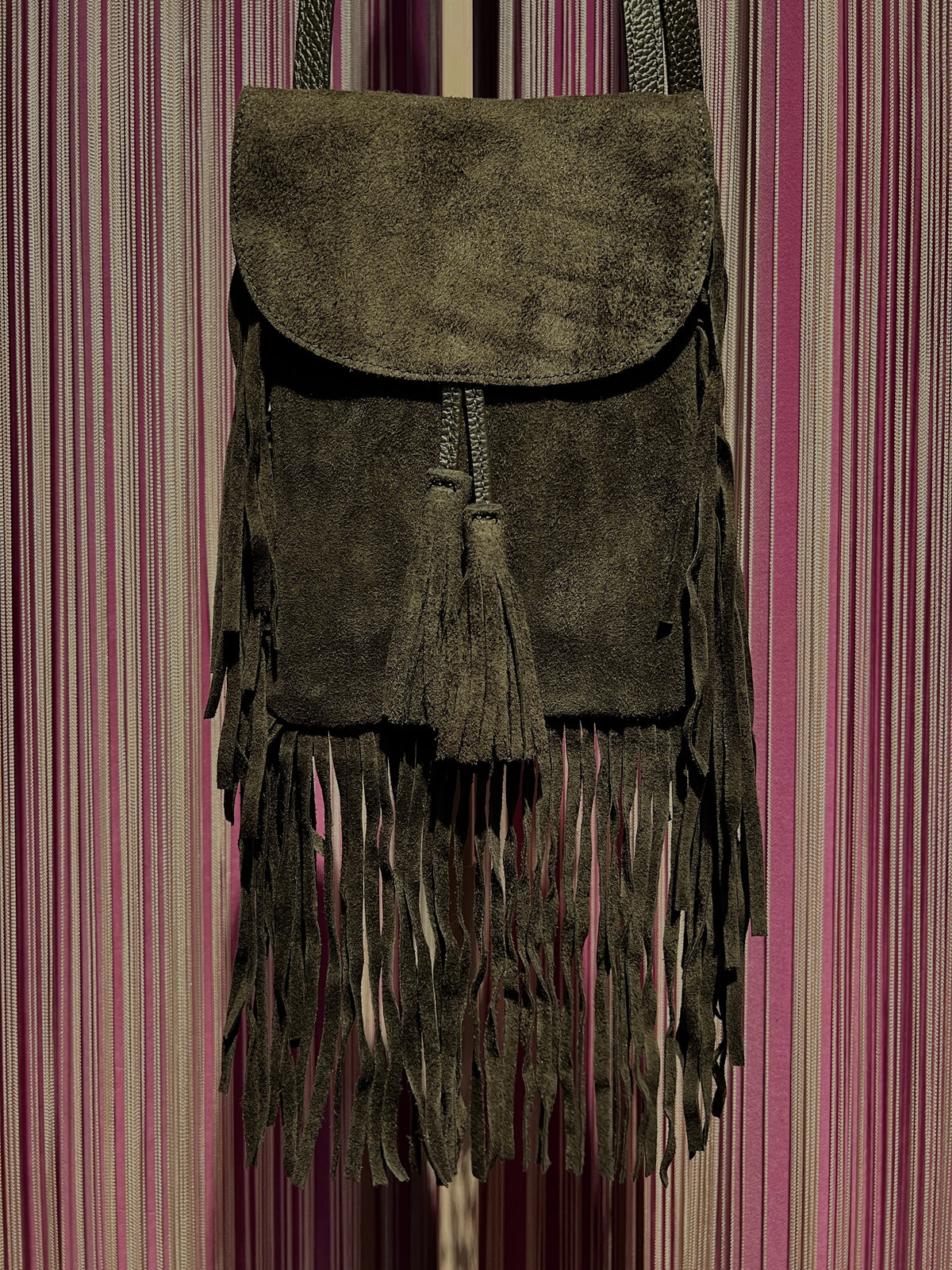 Love & roses tracollina TEXAS in suede con frange , nappina e mini pochette, colore marrone scuro