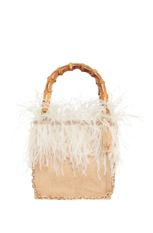 La Milanesa borsa intrecciata in juta manici in bamboo tracollina dorata violetta small panna