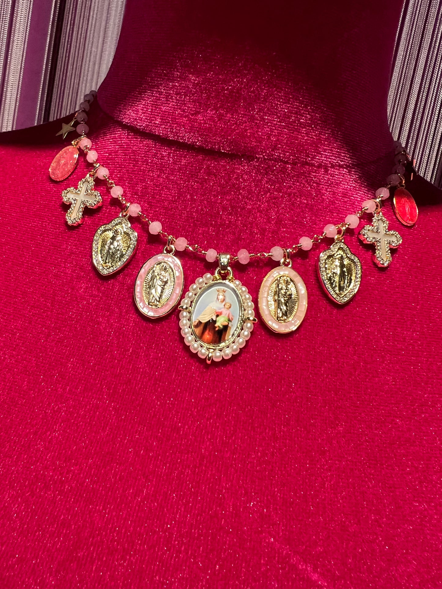 Principessa glam collana girocollo con perline rosa charms con immagini sacre