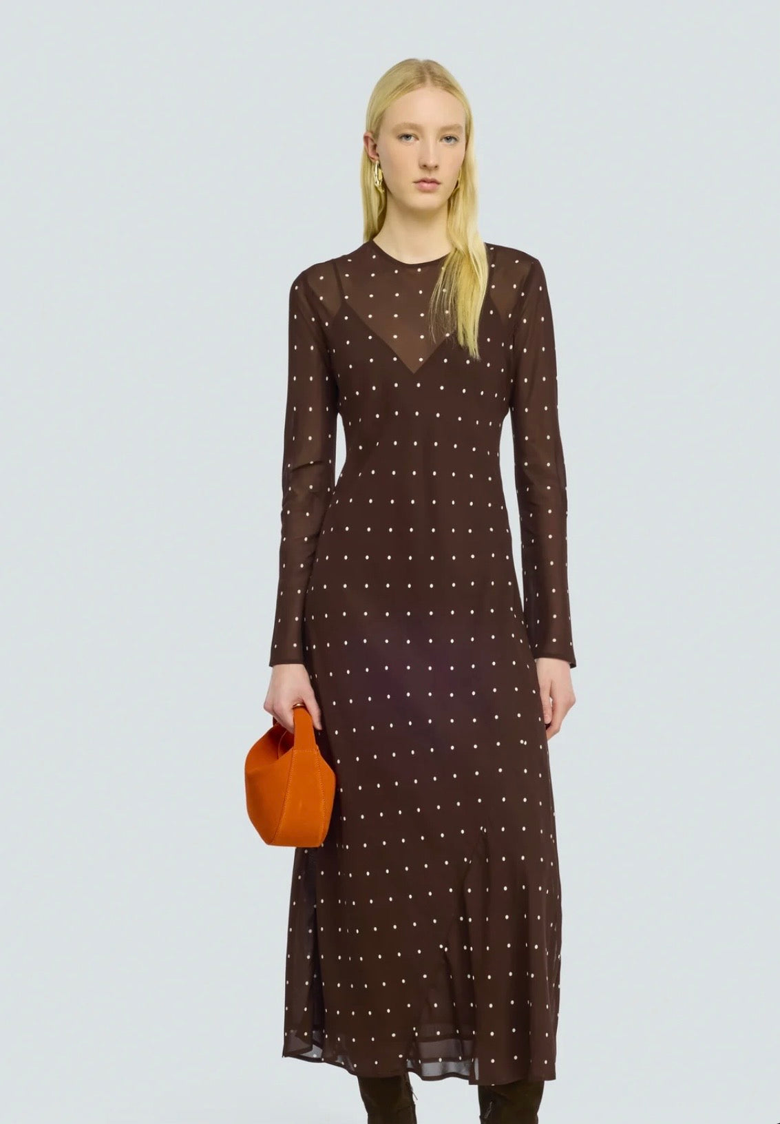 Semicouture abito in georgette stampa a pois bianchi sfondo moka