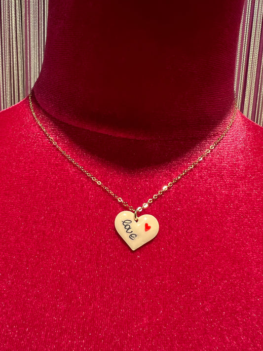 Collana  argento placcata “love “oro cuore rivestito di ceramica rosa baby dipinto a mano