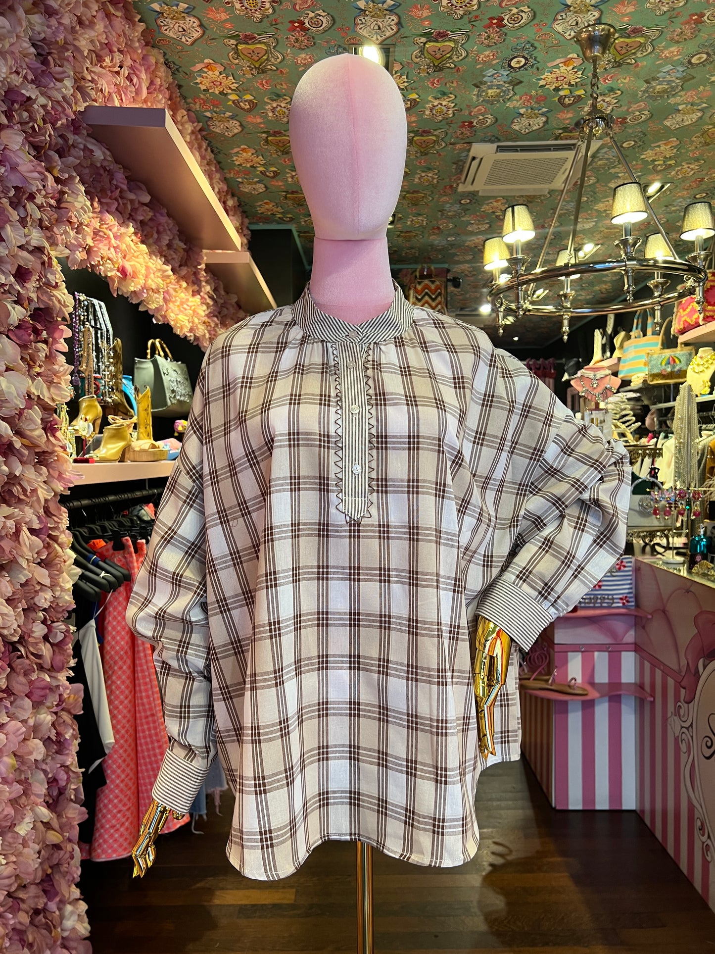 Mon amour Paris camicia quadri e righe marrone e panna