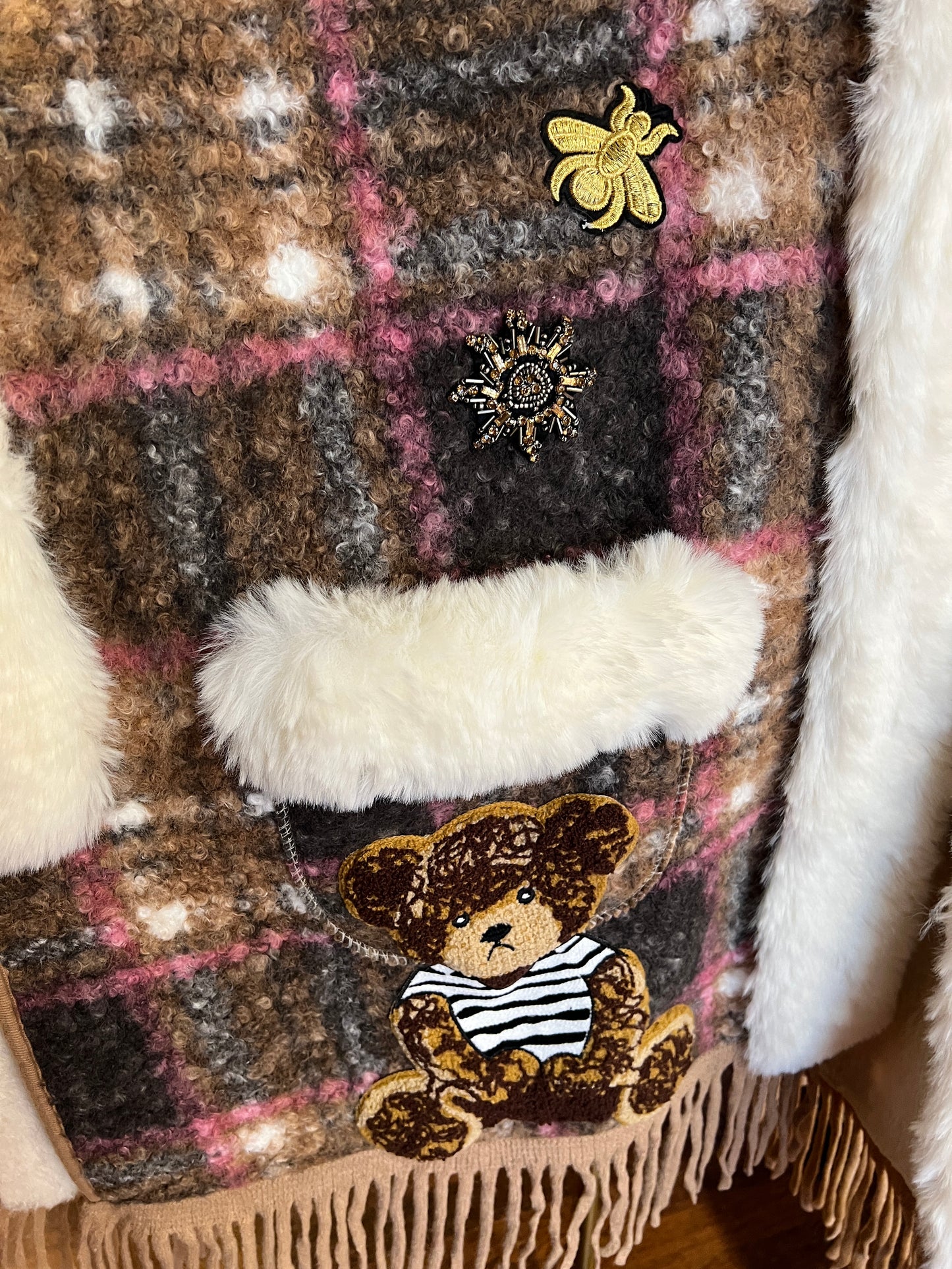 ABpink🩷 mantella boucle fantasia tartan con cappuccio, interno in ecopelliccia , patch teddy