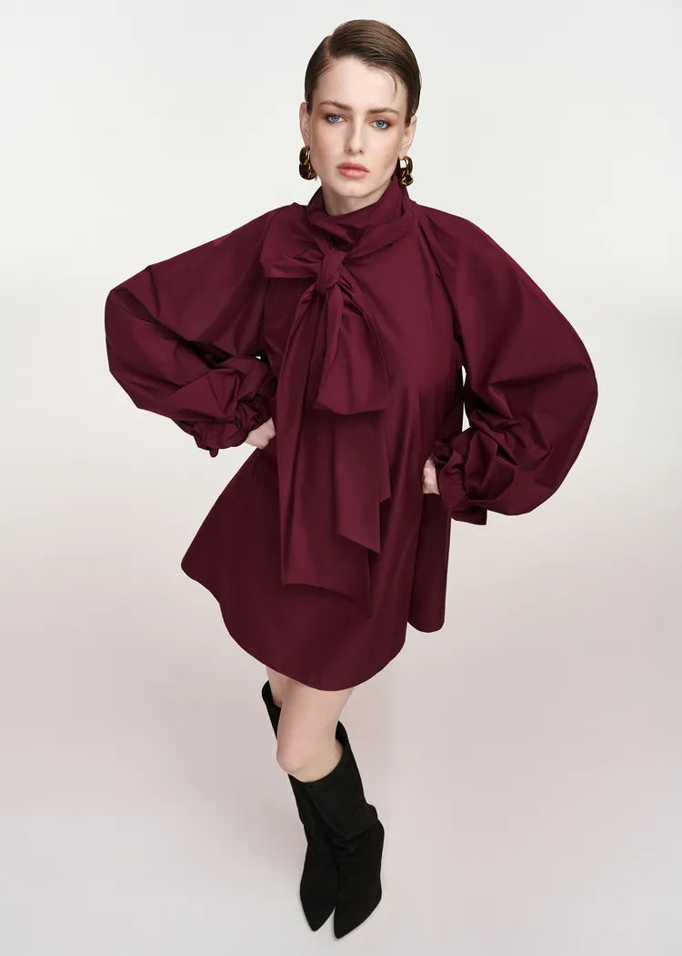 Essentiel antwerp abito oversize bordeaux trapezio con fiocco al collo