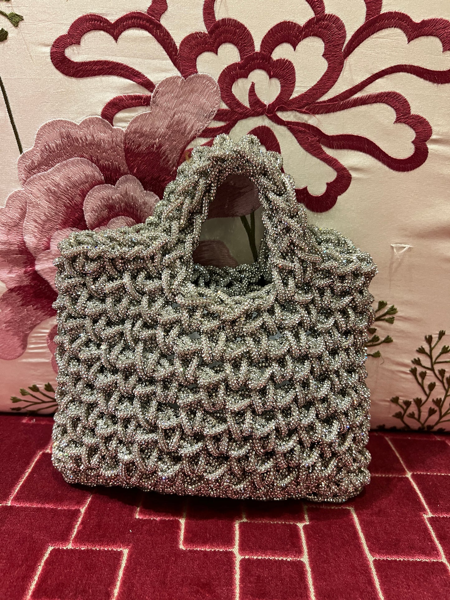 Borsa due manici motivo intrecciato, cristalli argento