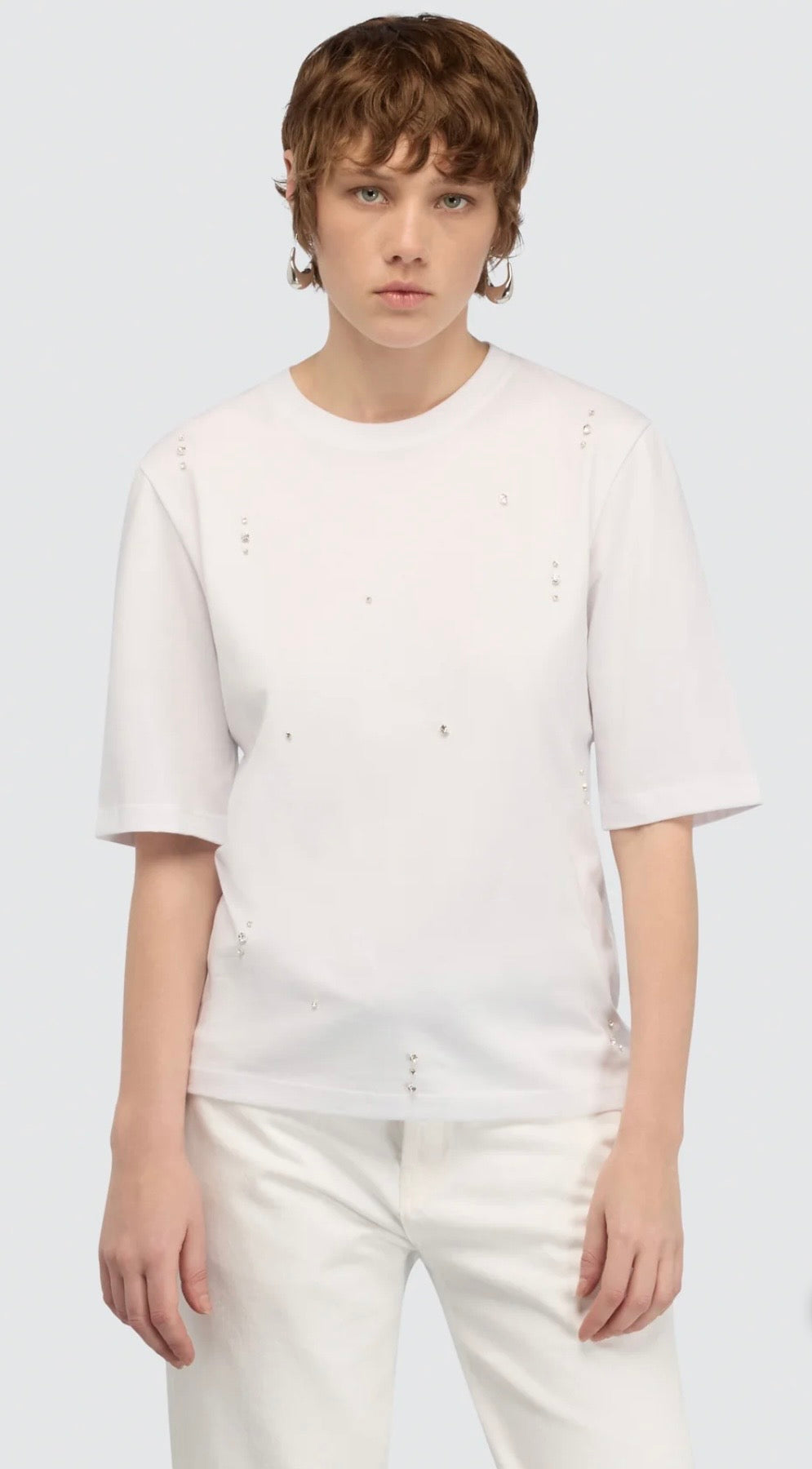 Semicouture t shirt in cotone ricamata con strass sfaccettati effetto crystal