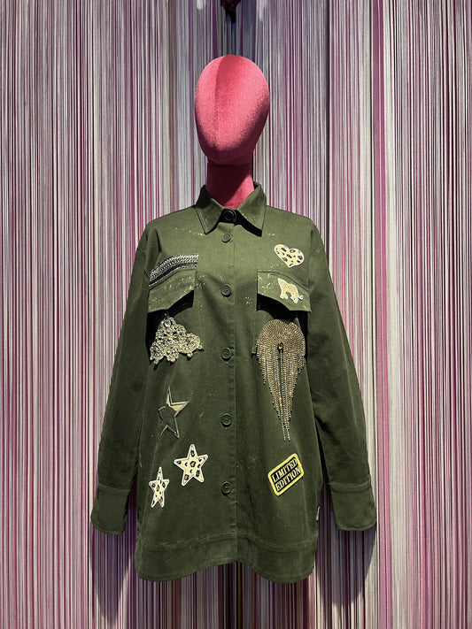 ABpink🩷 giacca Charlotte verde militare patch stelle con due pantere sul retro arancio e nere vestibilita’ 40/48
