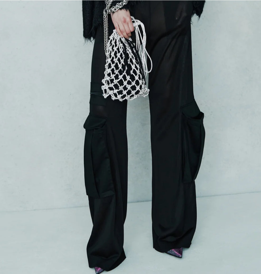 Circus Hotel borsa ad uncinetto in cordoncino strass , interno pochette a sacchettino in suede, colore crystal