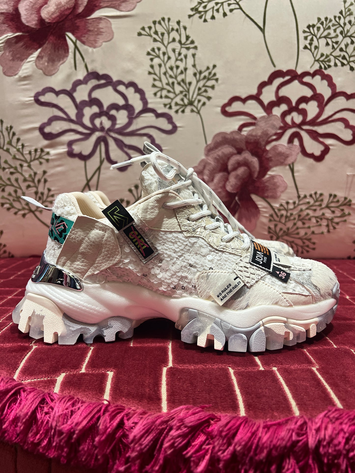 Joia Paris sneaker multimateriale  , tessuto tecnico, paillettes, cavallino, pelle
